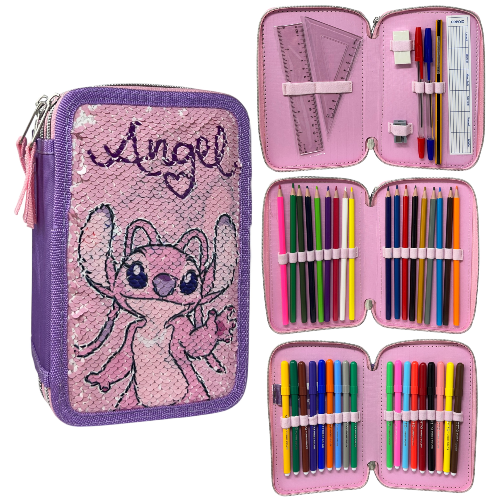 Astuccio Scuola Angel DISNEY Lilo & Stitch Multiscomparto 3 Zip Paillettes Reversibili Pennareli Giotto - Lst0996-G