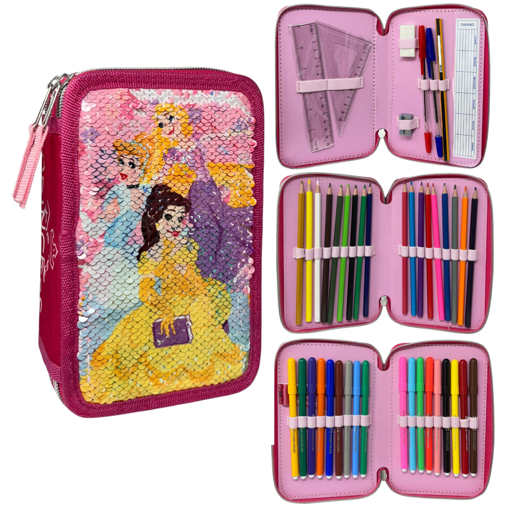 Astuccio Scuola Principesse DISNEY Multiscomparto 3 Zip Paillettes Reversibili Pennareli Giotto - Pr1225