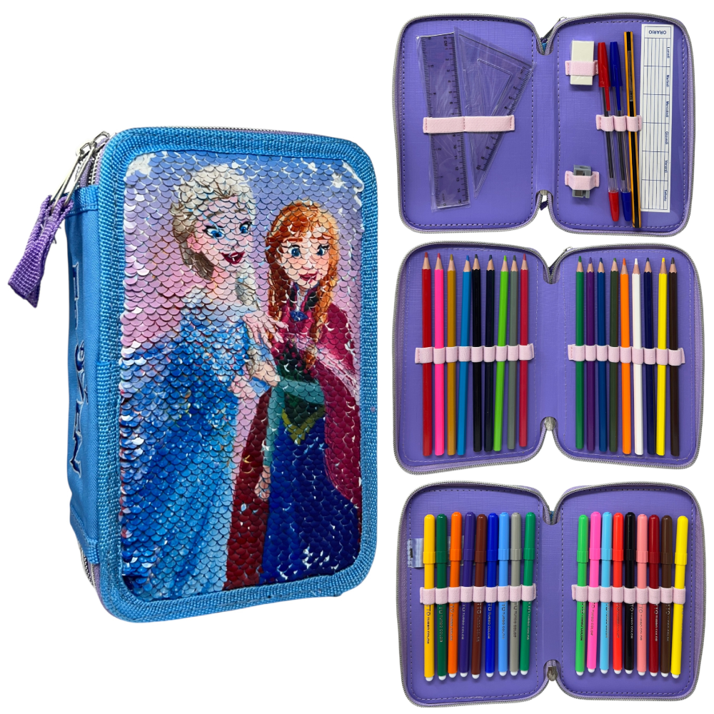 Astuccio Scuola Frozen DISNEY Multiscomparto 3 Zip Paillettes Reversibili Pennareli Giotto - Fr1225