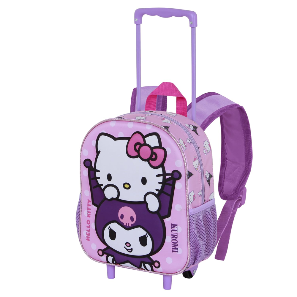 Zaino Asilo Trolley 3d Kuromi e Hello Kitty Sanrio Zainetto 34 CM con Carrello per Scuola Materna - 08522