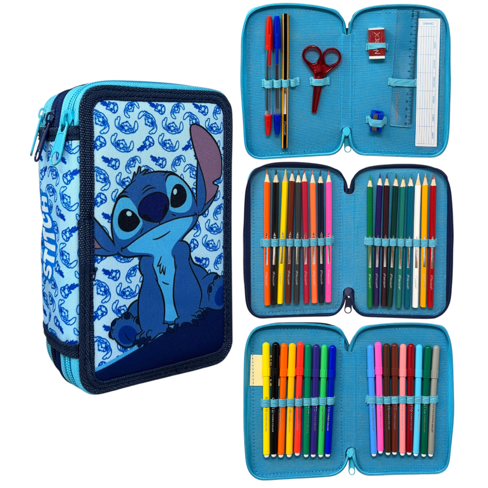 Astuccio Multiscomparto Stitch Blu DISNEY 3 Zip per la Scuola Portacolori Giotto - 000565228