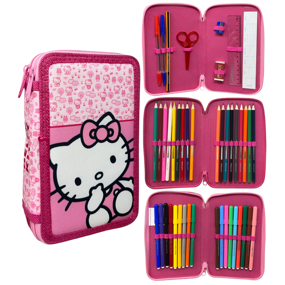 Astuccio Multiscomparto Hello Kitty Sanrio 3 Zip per la Scuola Portacolori Giotto - Hk36-5414