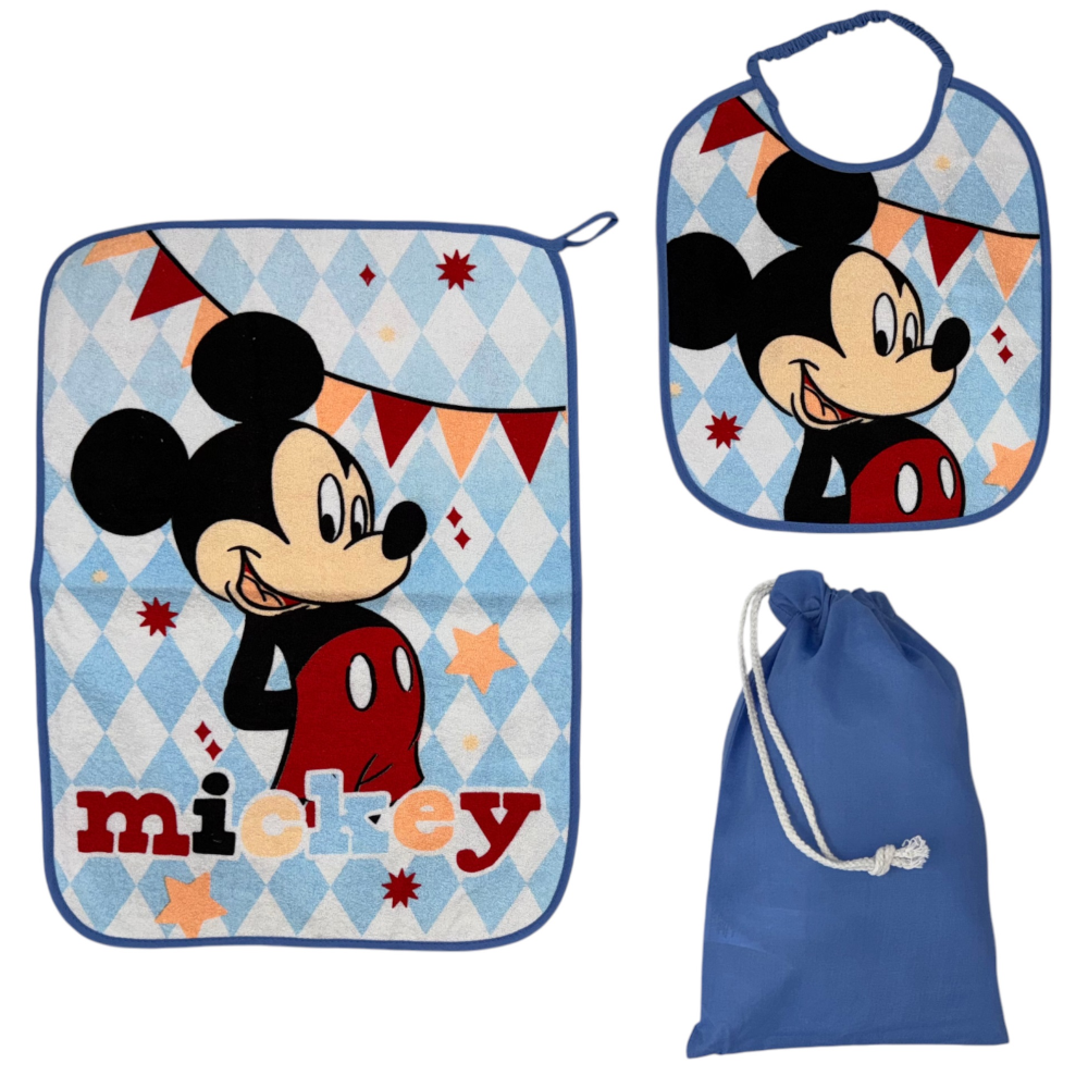 Set Asilo 3 Pezzi Topolino DISNEY Bavetta con Elastico Tovaglietta Sacca - Mic1751