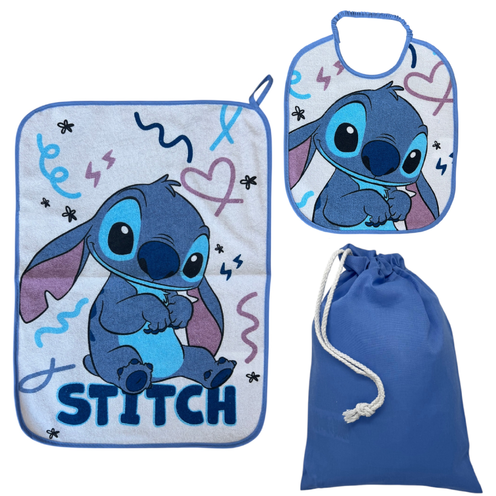 Set Asilo 3 Pezzi Stitch DISNEY Bavetta con Elastico Tovaglietta Sacca - Sti1752