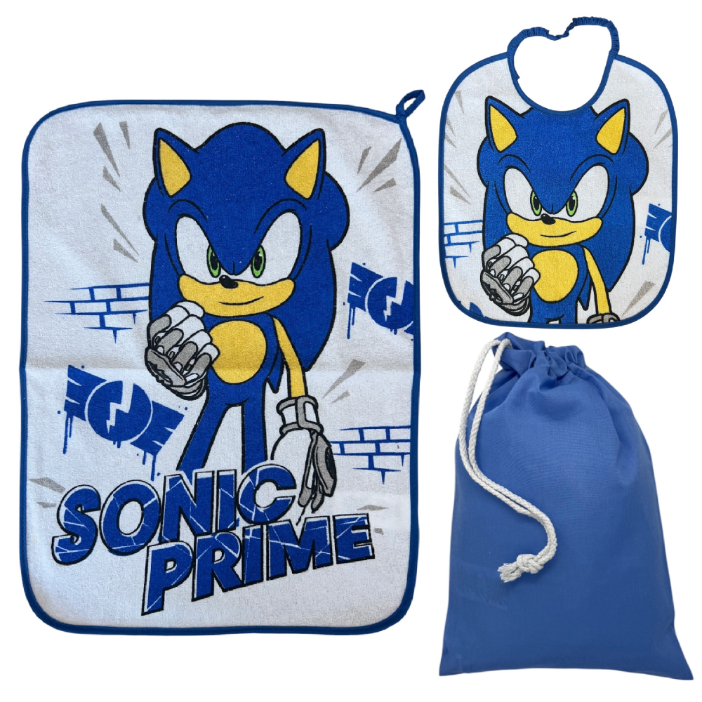 Set Asilo 3 Pezzi Sonic Bavetta con Elastico Tovaglietta Sacca - Scp1759
