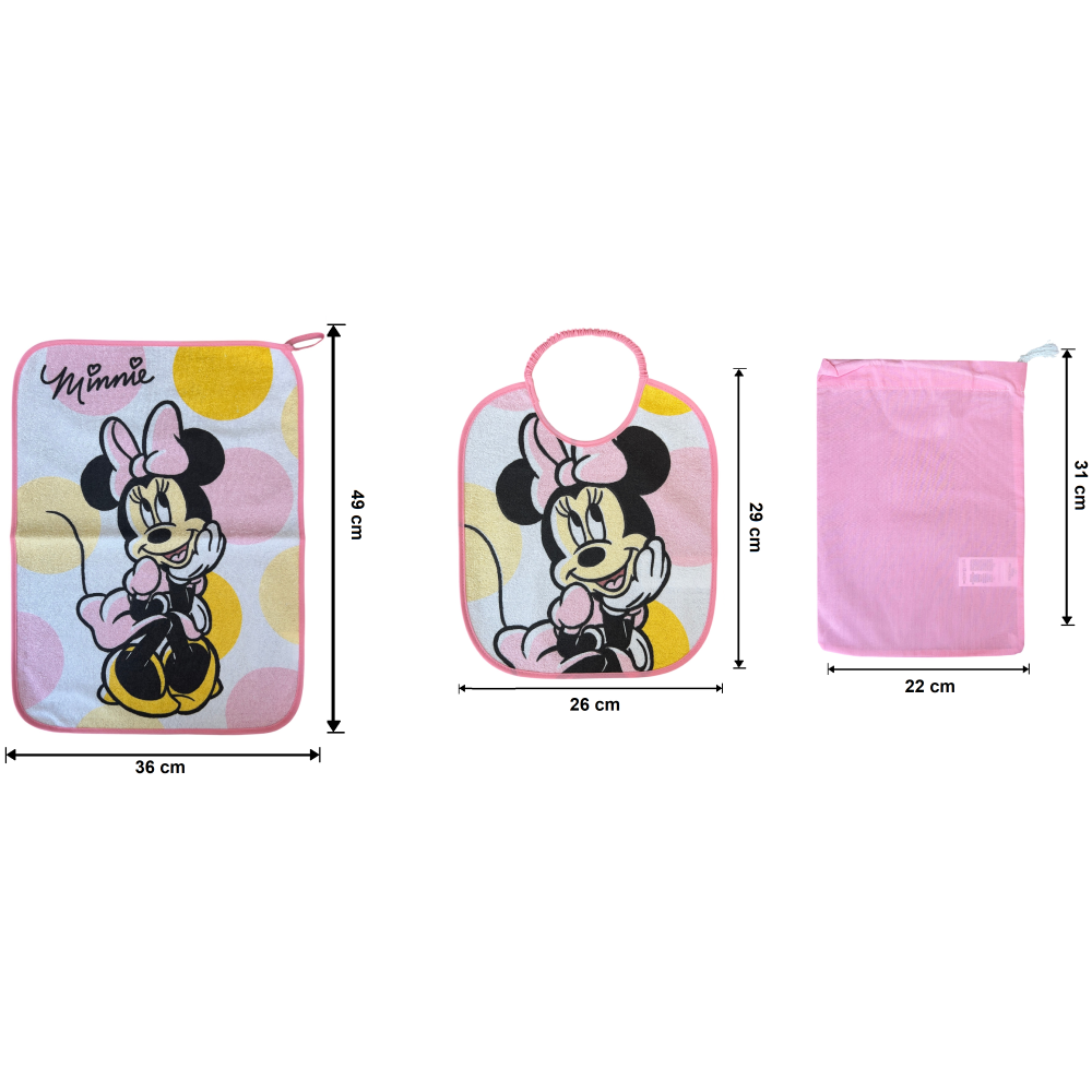 Set Asilo 3 Pezzi Minnie DISNEY Bavetta con Elastico Tovaglietta Sacca - Min1755