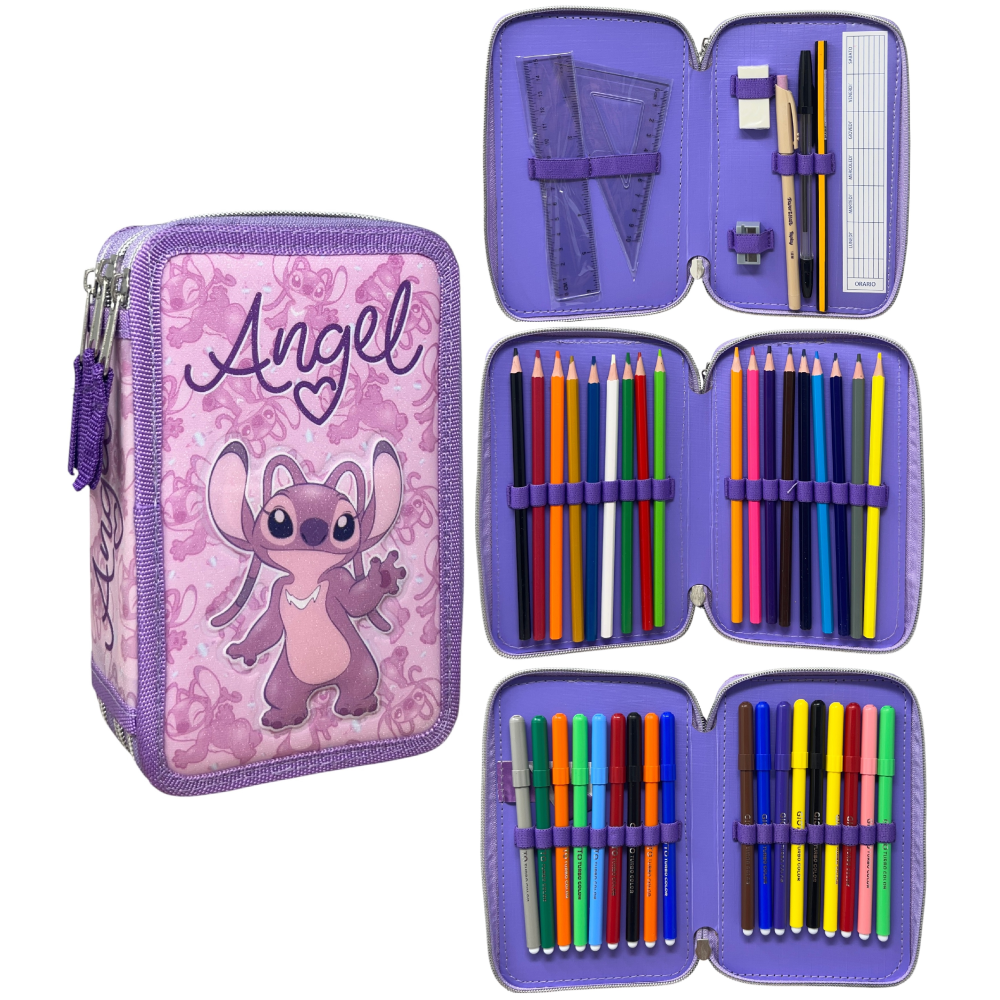 Astuccio Scuola Angel Stitch DISNEY Multiscomparto 3 Zip Penna Papermate Pennarelli Giotto - Lst1192-G