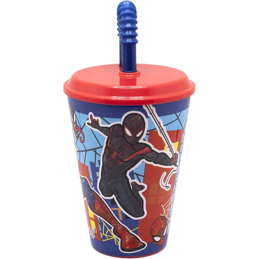 Bicchiere con Cannuccia Spiderman MARVEL in Plastica Riutilizzabile Semirigida 430 Ml - St83530