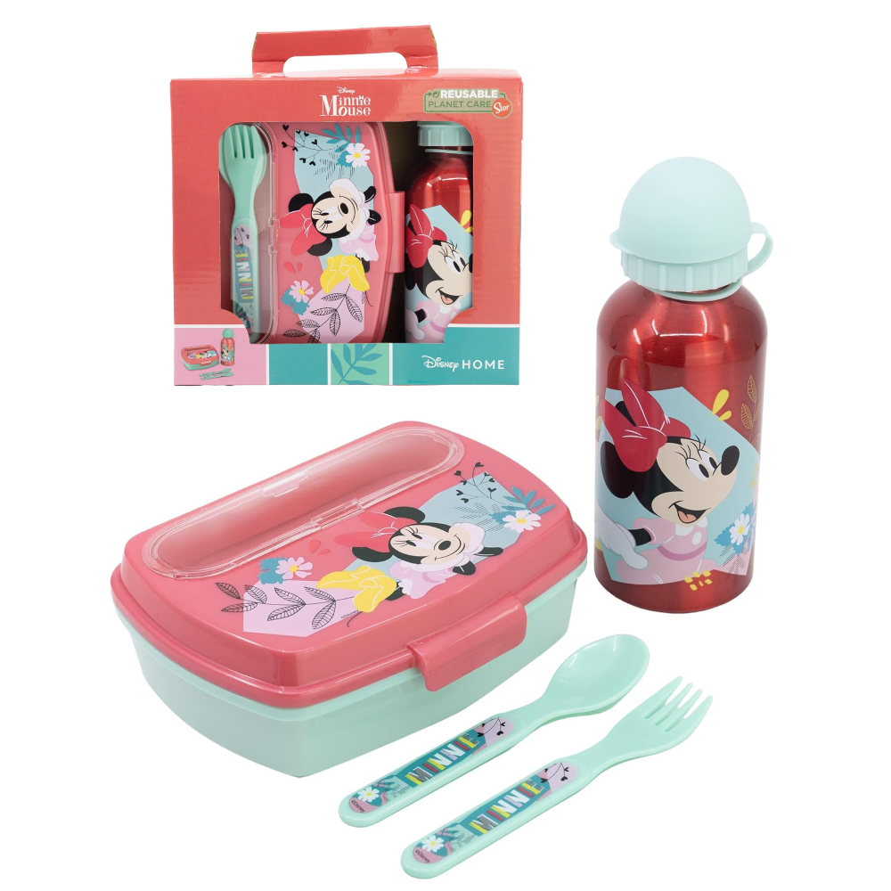 Set Pranzo Minnie DISNEY 2 Pezzi Borraccia in Alluminio e Portamerenda con Posate - St74463