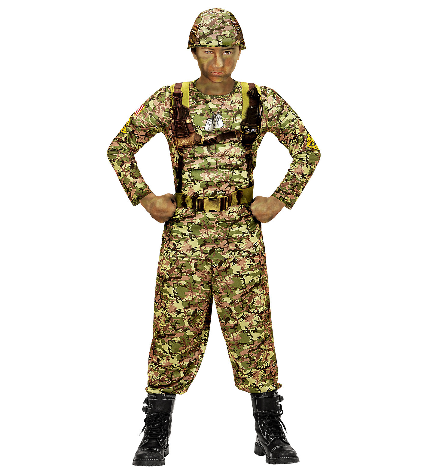 Vestito Carnevale + Accessori Soldato Power Soldier Costume Muscoli Fucile Set Trucco 8/10 Anni Travestimento - 0390+02412+7084m
