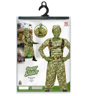 Vestito Carnevale + Accessori Soldato Power Soldier Costume Muscoli Fucile Set Trucco 8/10 Anni Travestimento - 0390+02412+7084m