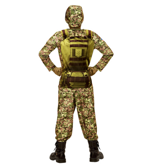 Vestito Carnevale + Accessori Soldato Power Soldier Costume Muscoli Fucile Set Trucco 8/10 Anni Travestimento - 0390+02412+7084m
