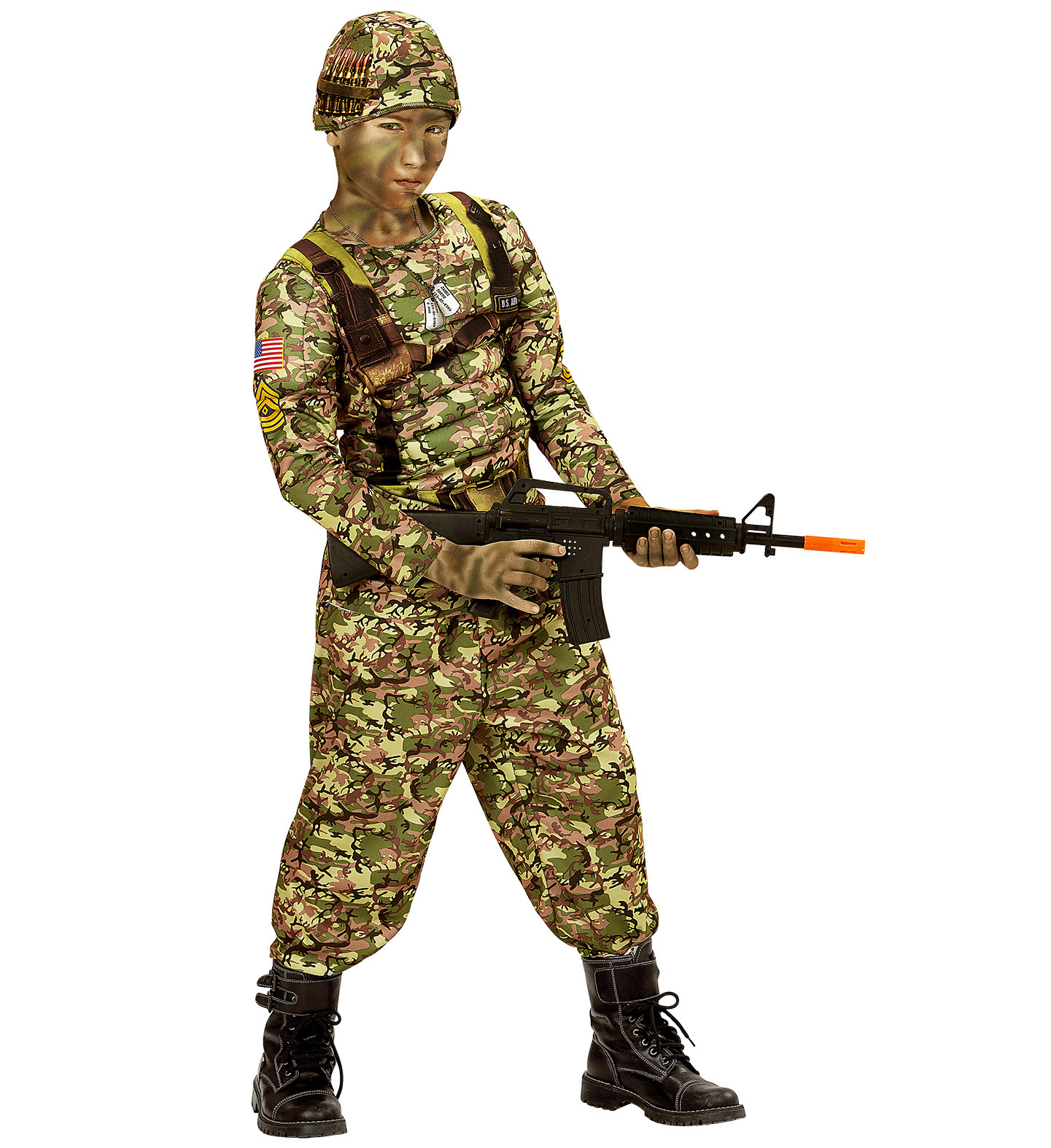 Vestito Carnevale + Accessori Soldato Power Soldier Costume Muscoli Fucile Set Trucco 8/10 Anni Travestimento - 0390+02412+7084m