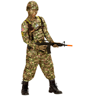 Vestito Carnevale + Accessori Soldato Power Soldier Costume Muscoli Fucile Set Trucco 8/10 Anni Travestimento - 0390+02412+7084m