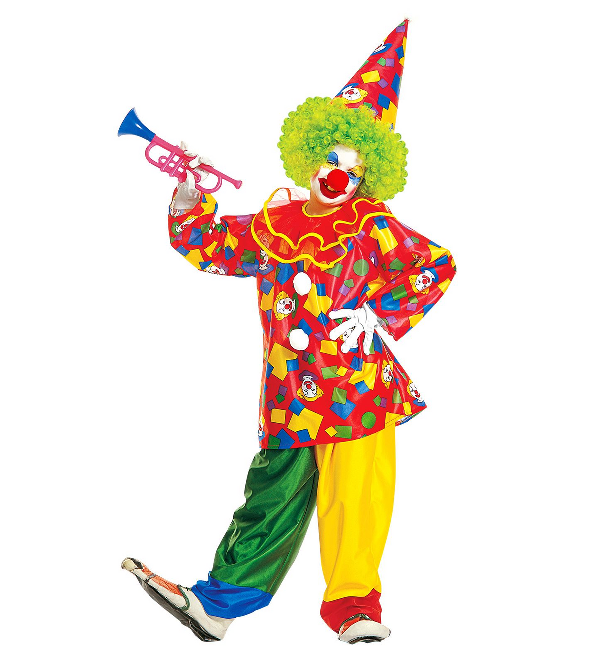 Vestito Carnevale + Accessori Funny Clown Costume Parrucca Tromba Set Trucco con Naso 5/7 Anni Travestimento - 3858+4044n+74590+2720t