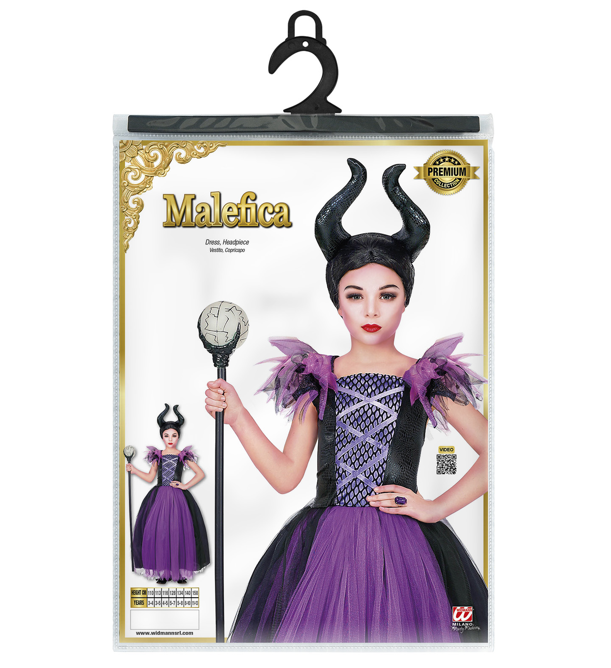 Vestito Carnevale + Accessori Malefica Abito Copricapo e Bastone Magico 4/5 Anni Travestimento - 7024+52815