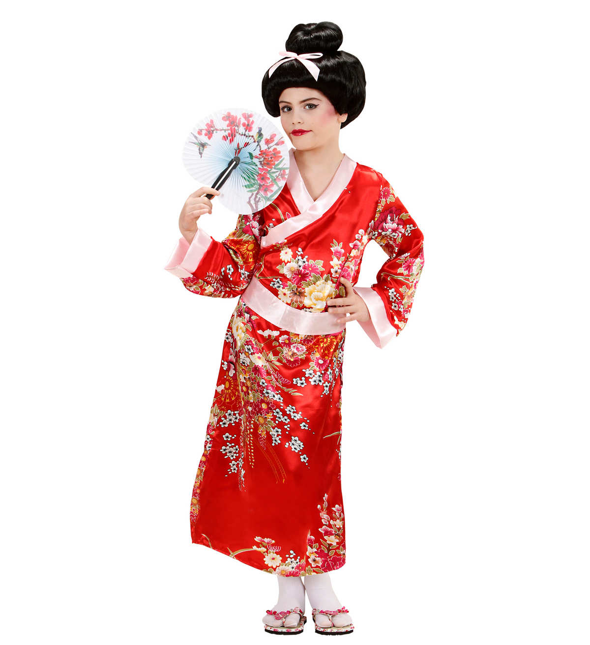 Vestito Carnenale + Accessori Geisha Bambina Giapponese Kimono Ventaglio Parrucca Travestimento (11/13 Anni)