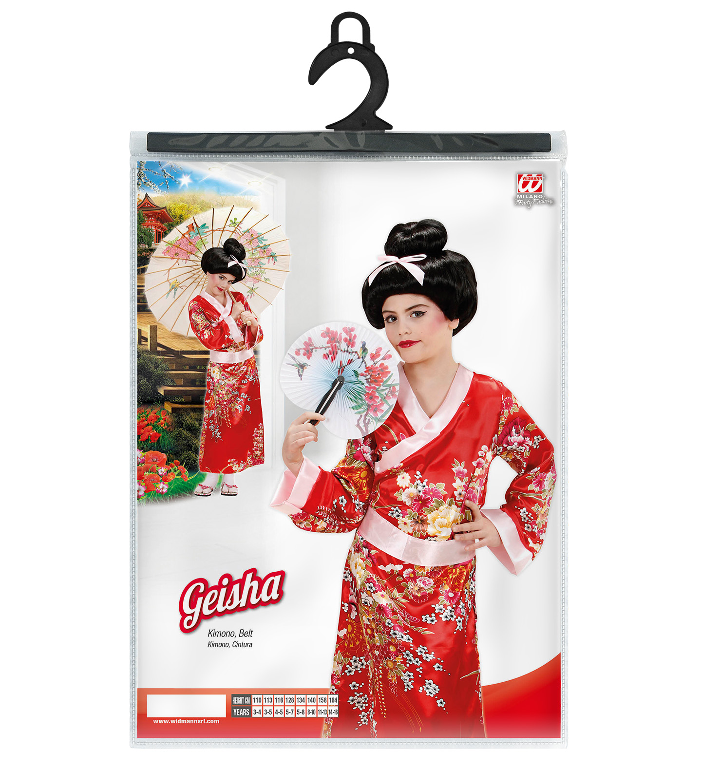 Vestito Carnenale + Accessori Geisha Bambina Giapponese Kimono Parasole Parrucca Travestimento (11/13 Anni)