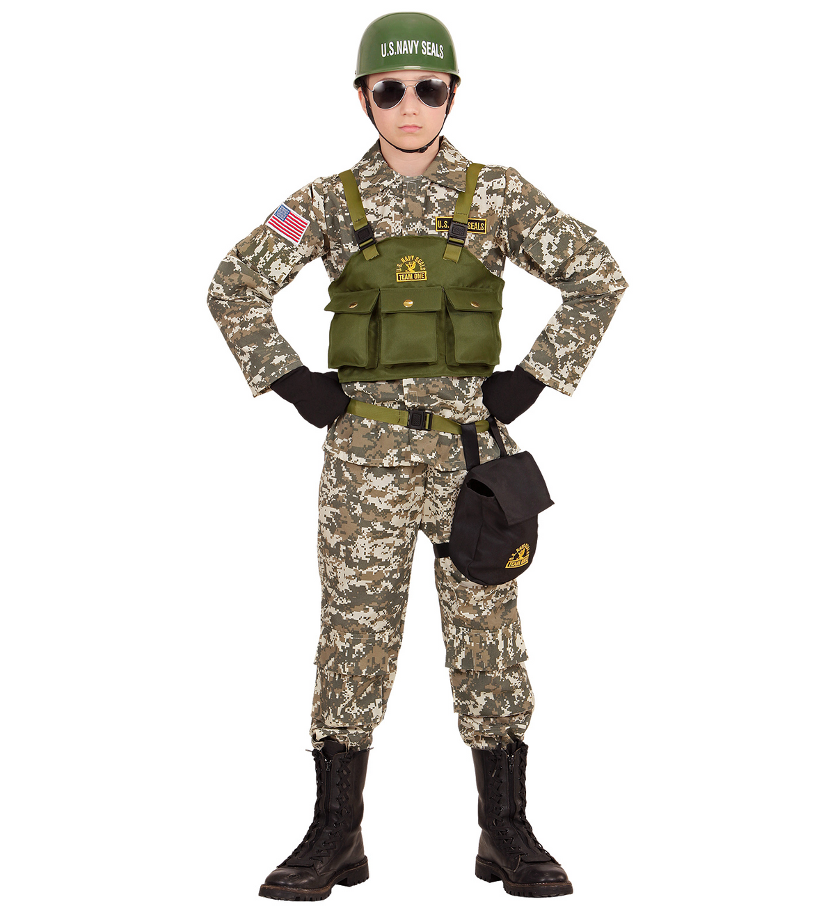 Vestito Carnevale + Accessori Soldato Navy Seals Costume Elmo Fucile D'assalto 5/7 Anni Travestimento - 9684+7084m