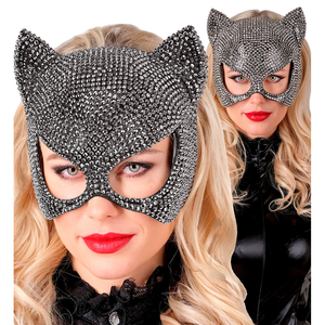 Maschera Gatto con Strass Accessorio Travestimenti per Adulti Carnevale Halloween Cosplay - 12007