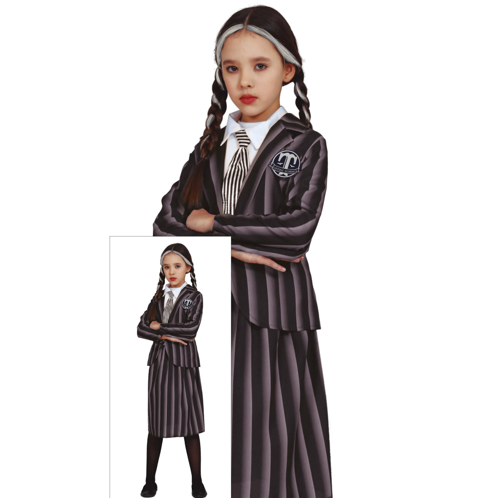 Costume Vestito Studentessa Gotica Travestimento Mercoledì per Bambini Halloween Carnevale Cosplay