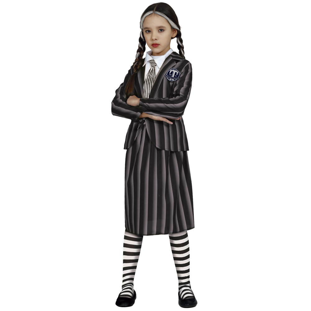 Costume Vestito Studentessa Gotica Travestimento Mercoledì per Bambini Halloween Carnevale Cosplay