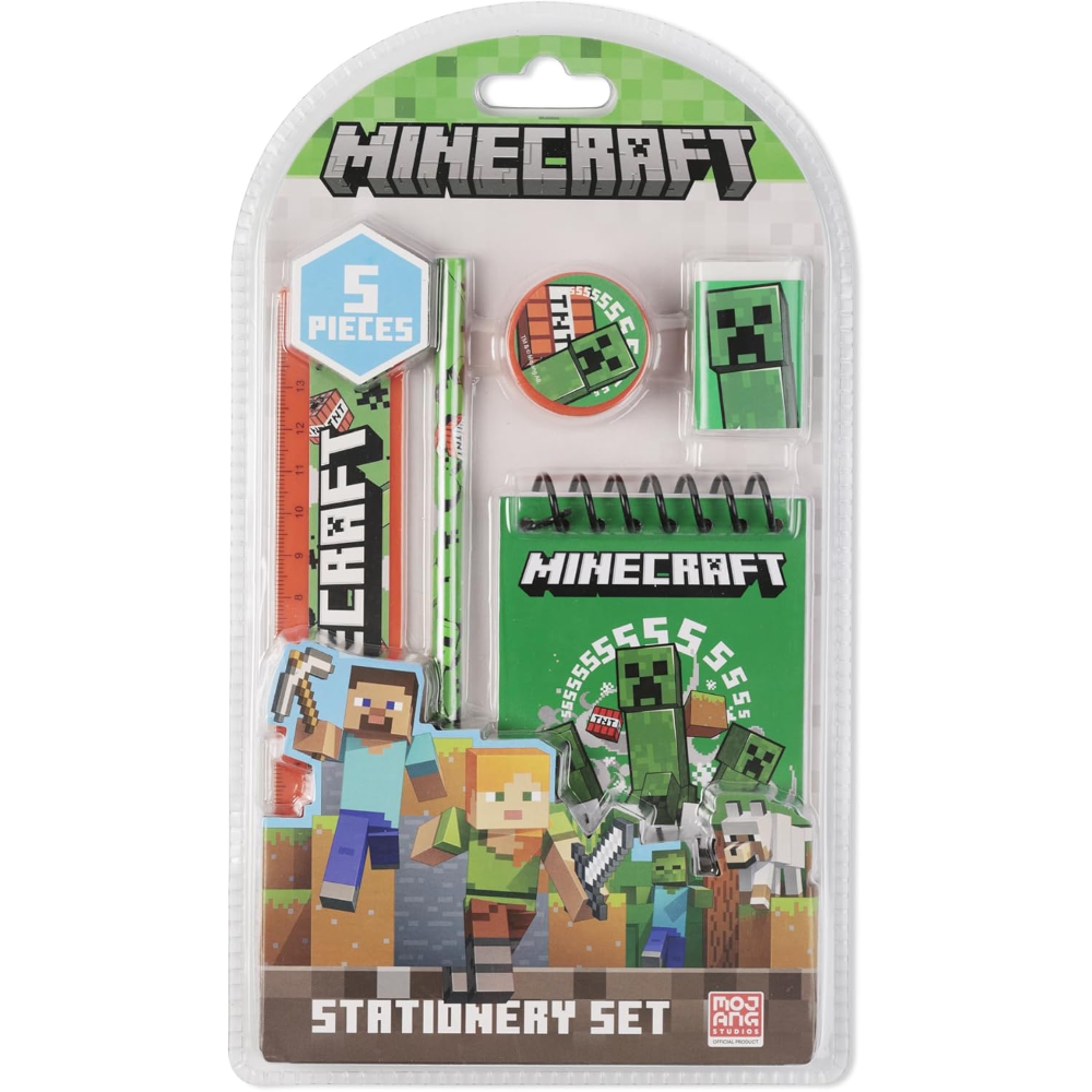 Set Cancelleria Minecraft 5 Pezzi Block Notes Matita Gomma Temperamatite e Righello - Mc00038