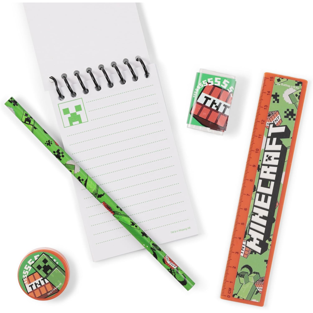 Set Cancelleria Minecraft 5 Pezzi Block Notes Matita Gomma Temperamatite e Righello - Mc00038