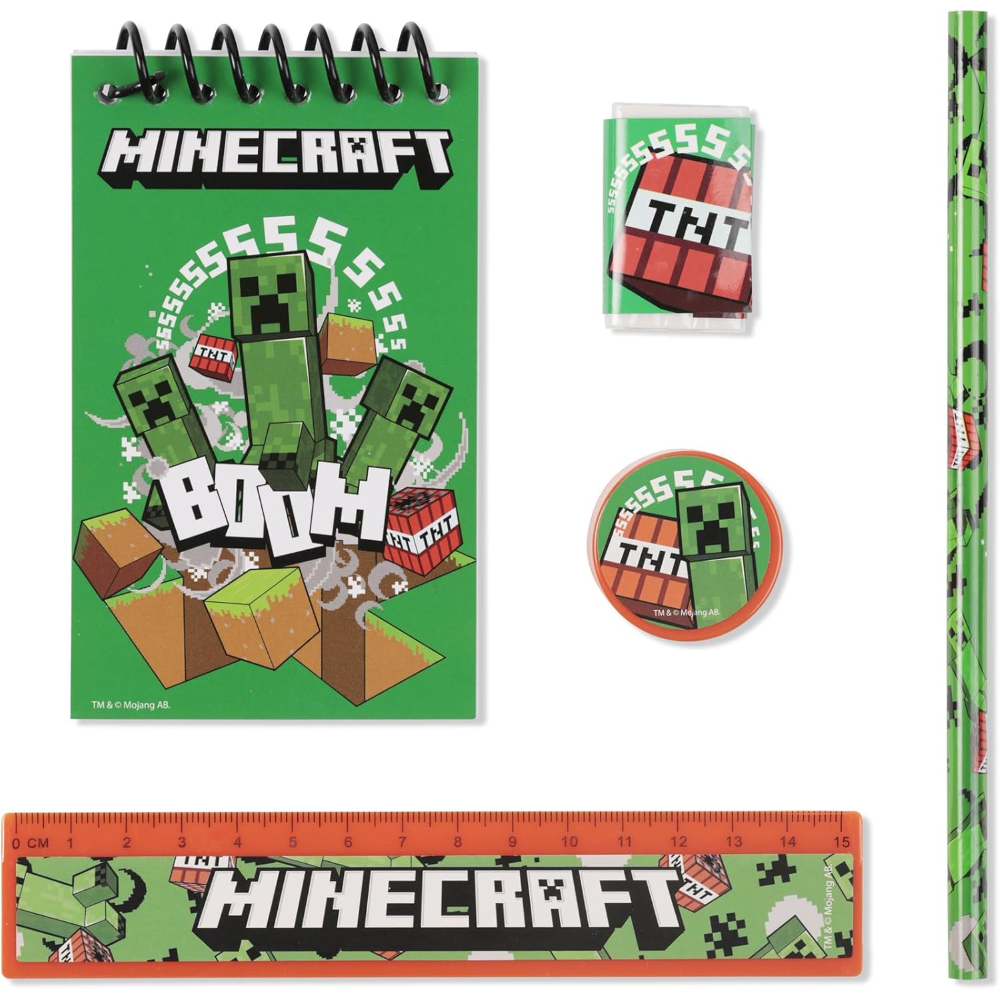 Set Cancelleria Minecraft 5 Pezzi Block Notes Matita Gomma Temperamatite e Righello - Mc00038