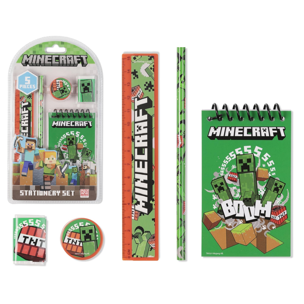 Set Cancelleria Minecraft 5 Pezzi Block Notes Matita Gomma Temperamatite e Righello - Mc00038
