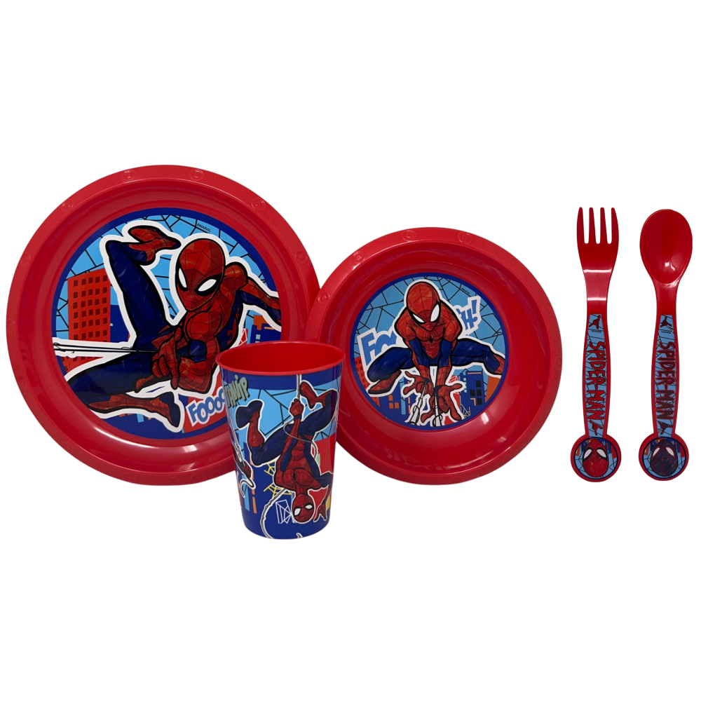 Set Pappa 5 Pezzi Spiderman MARVEL in Plastica Riutilizzabile Piatti Bicchiere Posate Bpa Free - St83500