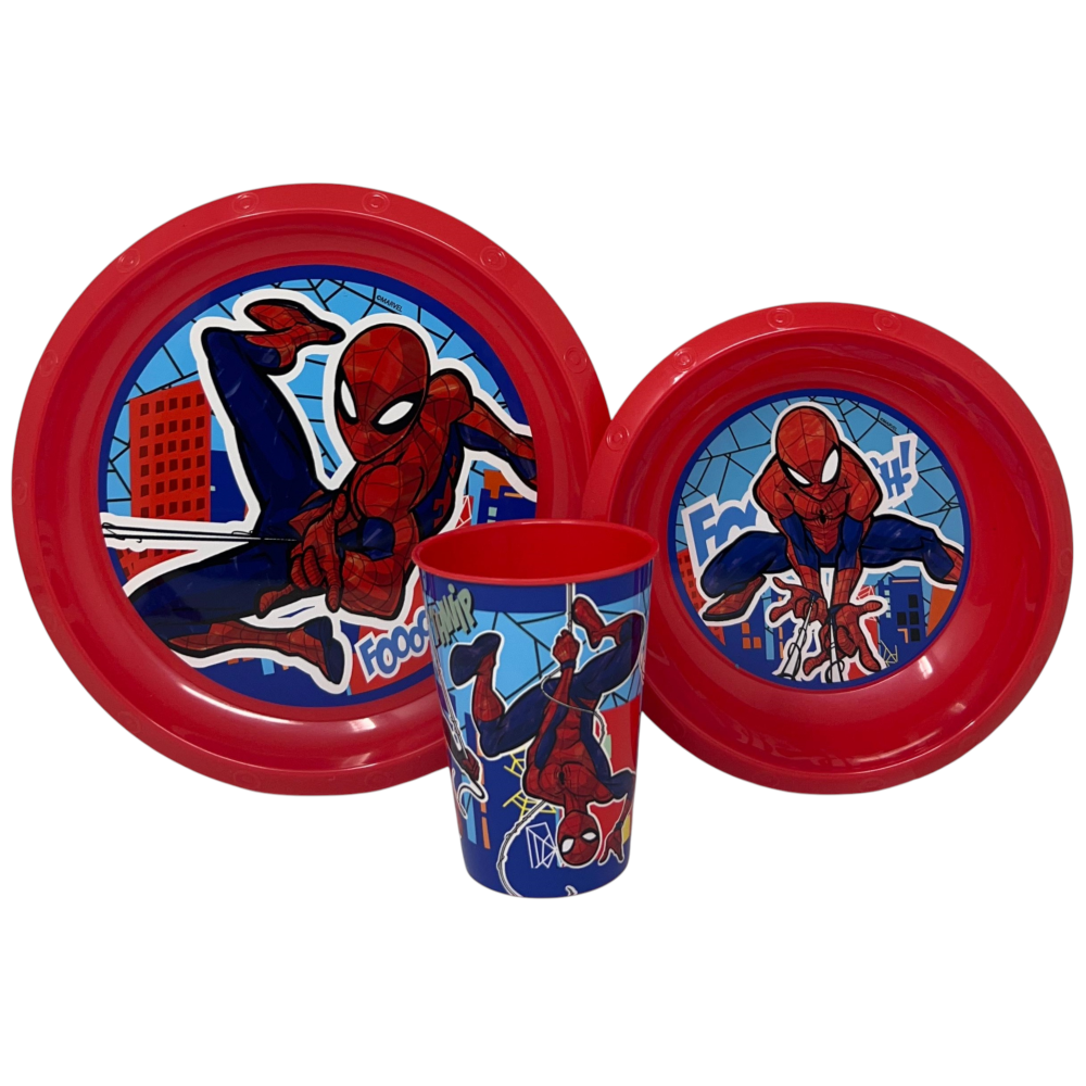 Set Pappa 5 Pezzi Spiderman MARVEL in Plastica Riutilizzabile Piatti Bicchiere Posate Bpa Free - St83500