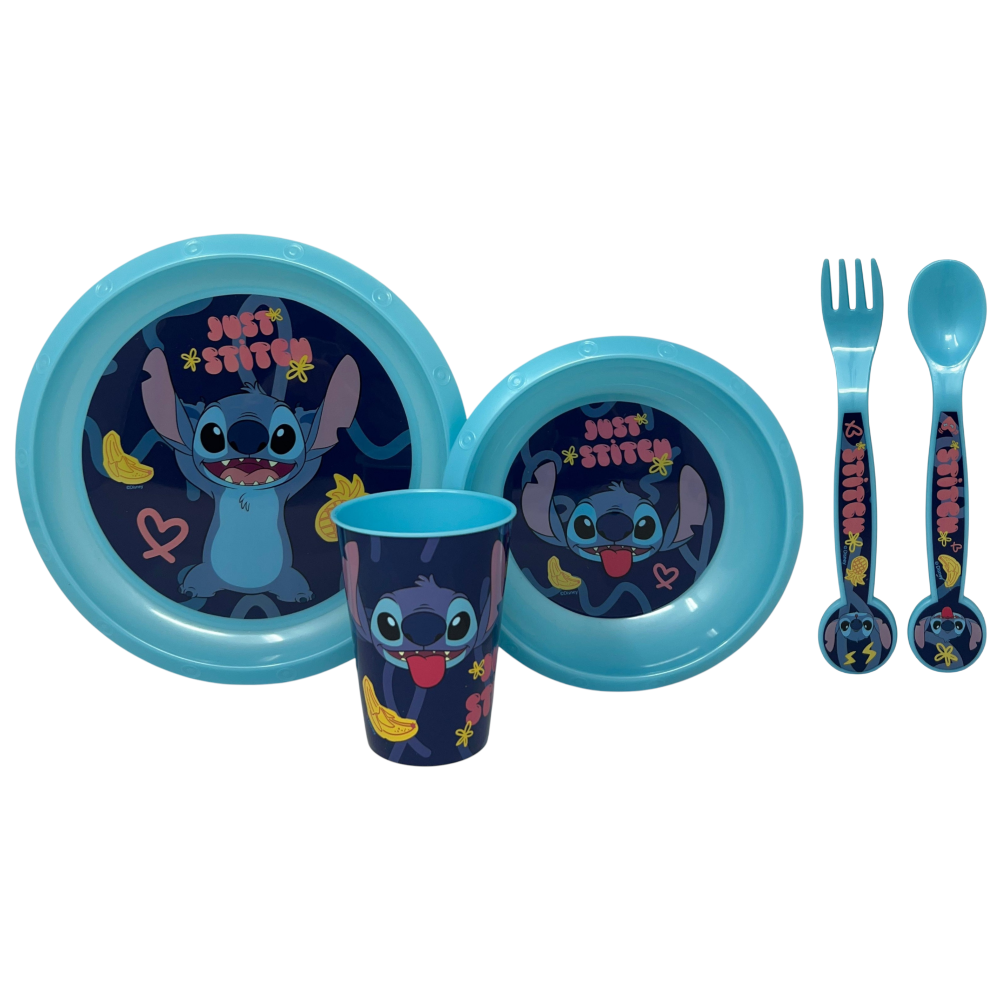 Set Pappa 5 Pezzi Stitch DISNEY in Plastica Riutilizzabile Piatti Bicchiere Posate Bpa Free - St75000