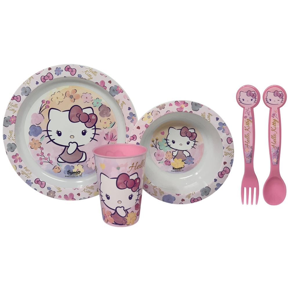 Set Pappa 5 Pezzi Hello Kitty Sanrio in Plastica Adatto Al Microonde Piatti Bicchiere Posate - St81750