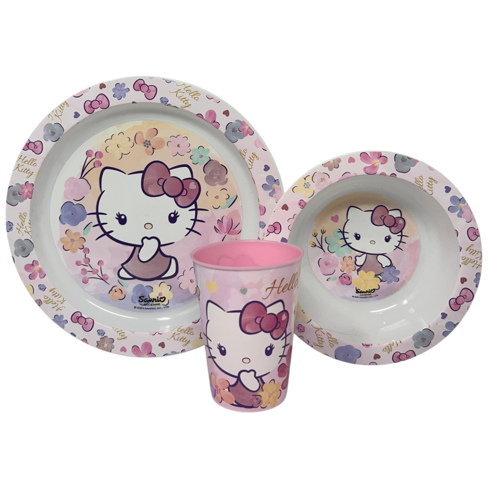 Set Pappa 5 Pezzi Hello Kitty Sanrio in Plastica Adatto Al Microonde Piatti Bicchiere Posate - St81750