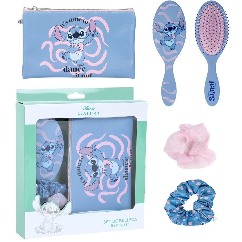 Set Accessori Capelli Stitch DISNEY 4 Pezzi Spazzola Scrunchies Pochette - 2900