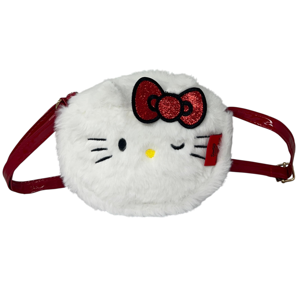 Borsa Passeggio Hello Kitty Sanrio in Peluche con Tracolla Dettaglio Glitterato - H13921mc