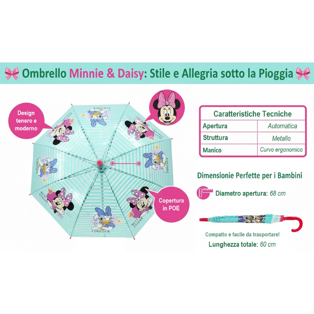 Ombrello Minnie DISNEY Apertura Automatica Manico Ergonomico Accessorio per la Pioggia Bambini
