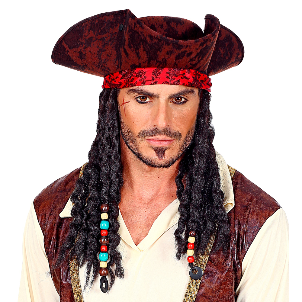 Tricorno Pirata con Bandana e Dreadlocks Cappello Adulti Accessorio Carnevale Cosplay Jack Sparrow - 01892