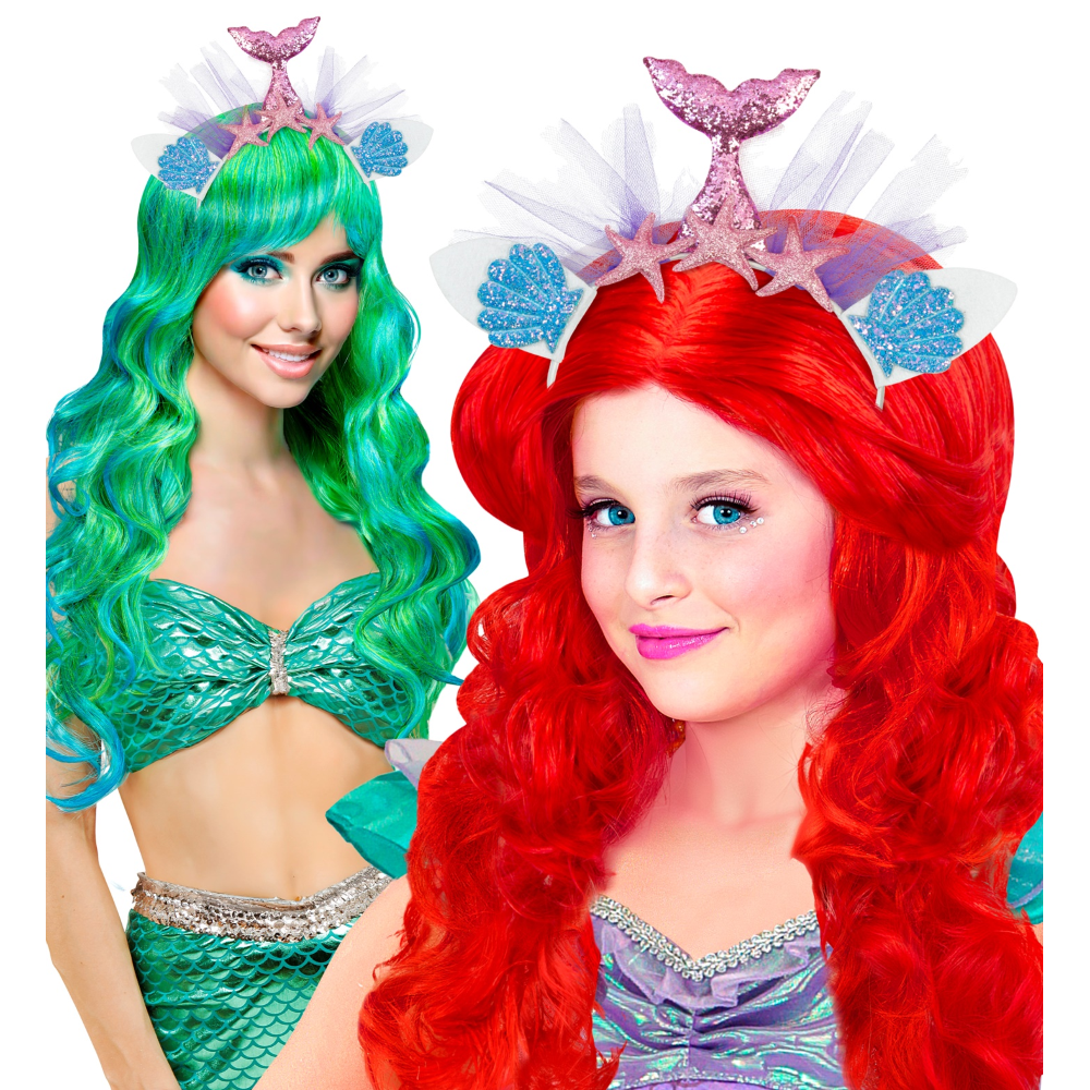 Cerchietto Tiara Sirena Rosa Glitterata con Conchiglie e Stelle Marine Accessorio Travestimenti - 30230