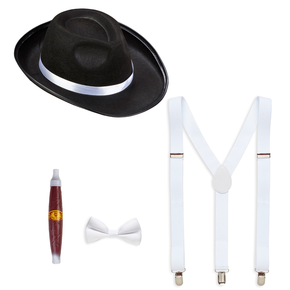 Set Travestimento Gangster 4 Pezzi Cappello Farfallino Bretelle Sigaro Accessori Costume Carnevale - 68555