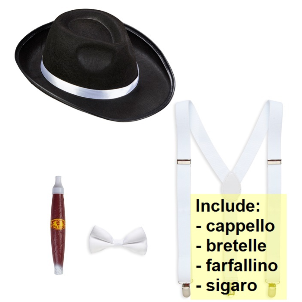 Set Travestimento Gangster 4 Pezzi Cappello Farfallino Bretelle Sigaro Accessori Costume Carnevale - 68555