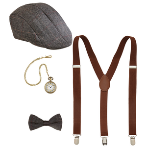 Set Travestimento Moda Anni 20 4 Pezzi Coppola Farfallino Bretelle Orologio Accessori Costume Carnevale - 68559