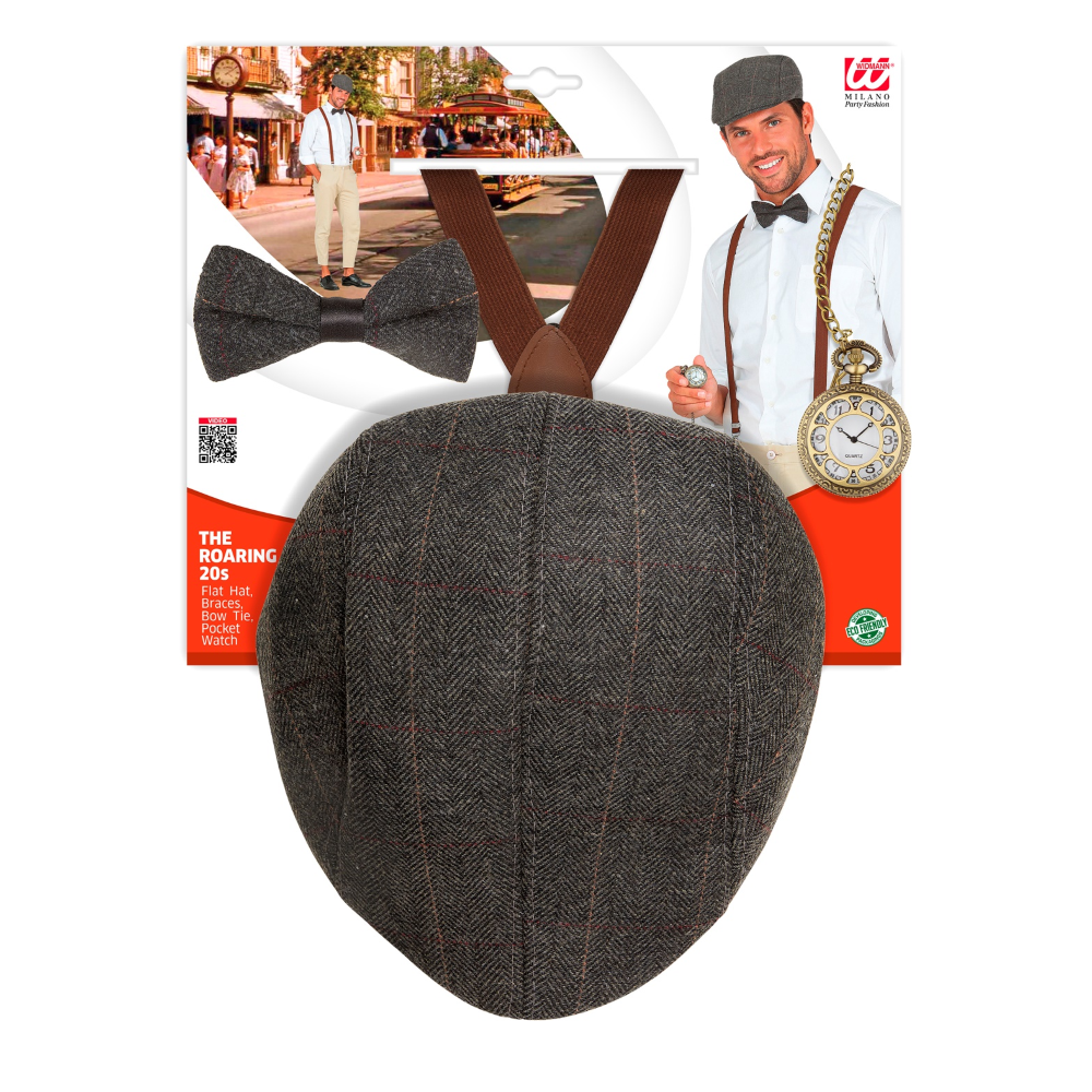 Set Travestimento Moda Anni 20 4 Pezzi Coppola Farfallino Bretelle Orologio Accessori Costume Carnevale - 68559