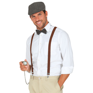 Set Travestimento Moda Anni 20 4 Pezzi Coppola Farfallino Bretelle Orologio Accessori Costume Carnevale - 68559