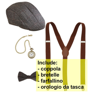 Set Travestimento Moda Anni 20 4 Pezzi Coppola Farfallino Bretelle Orologio Accessori Costume Carnevale - 68559