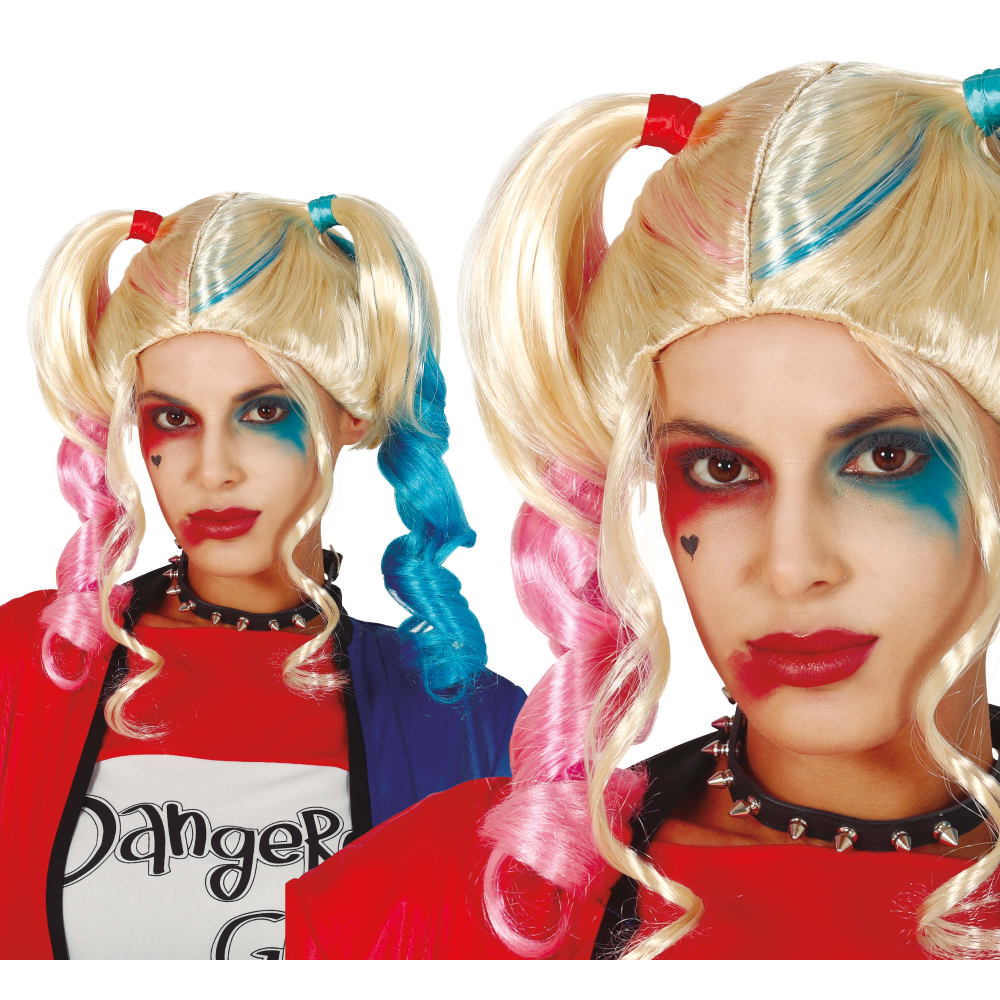 Parrucca Bionda con Codini Colorati Accessorio Carnevale Cosplay Harley Queen - 4296