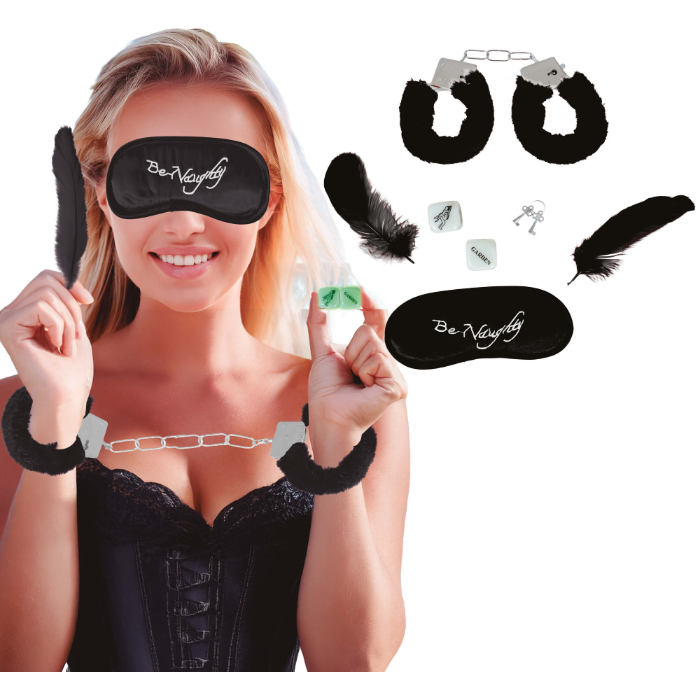 Set Giochi di Coppia 5 Pezzi Mascherina Manette Piume Dadi Accessori Idea Regalo - 69050