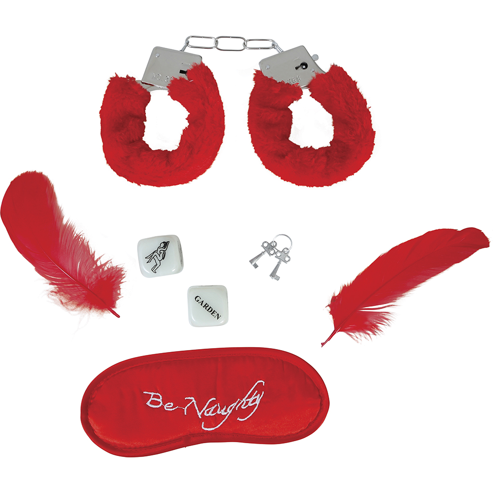 Set Giochi di Coppia 5 Pezzi Mascherina Manette Piume Dadi Accessori Idea Regalo - 69052