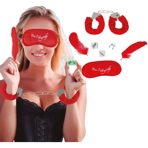 Set Giochi di Coppia 5 Pezzi Mascherina Manette Piume Dadi Accessori Idea Regalo - 69052